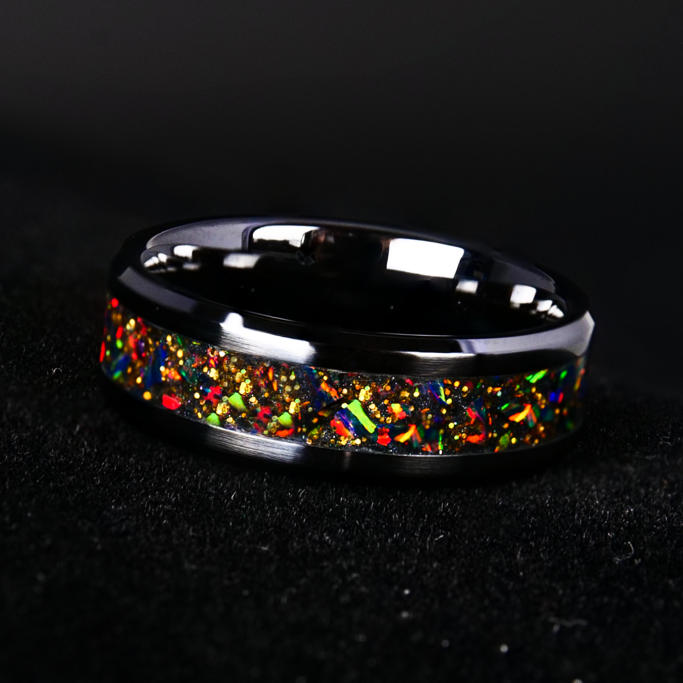 Radiant Black Fire Opal Glowstone Ring on Black Ceramic