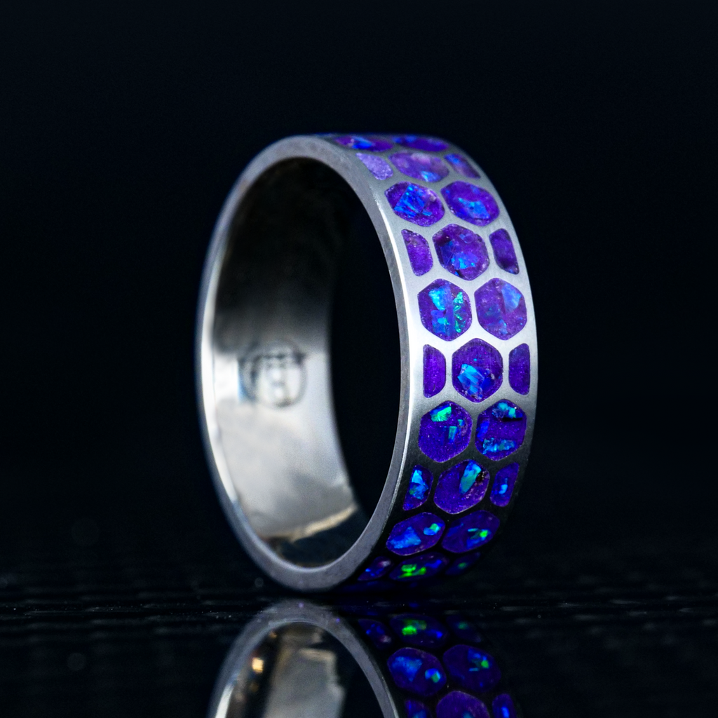 Carbon fiber double inlay channel, opal inlay glowstone ring, size 9, joker theme, purple popular and green, glow in the dark, ringsbykfed, uv light