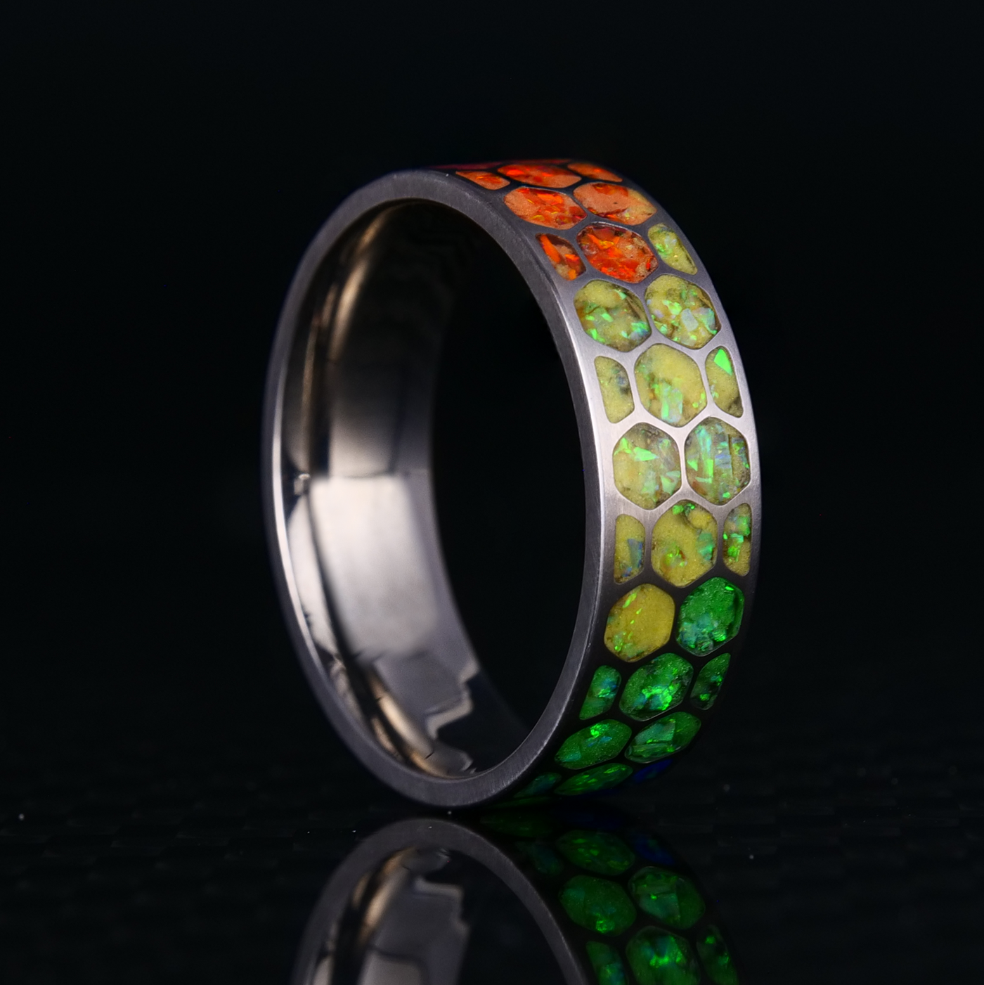 Hexagon Prismatic Opal Glowstone Ring on Titanium - Patrick Adair Designs