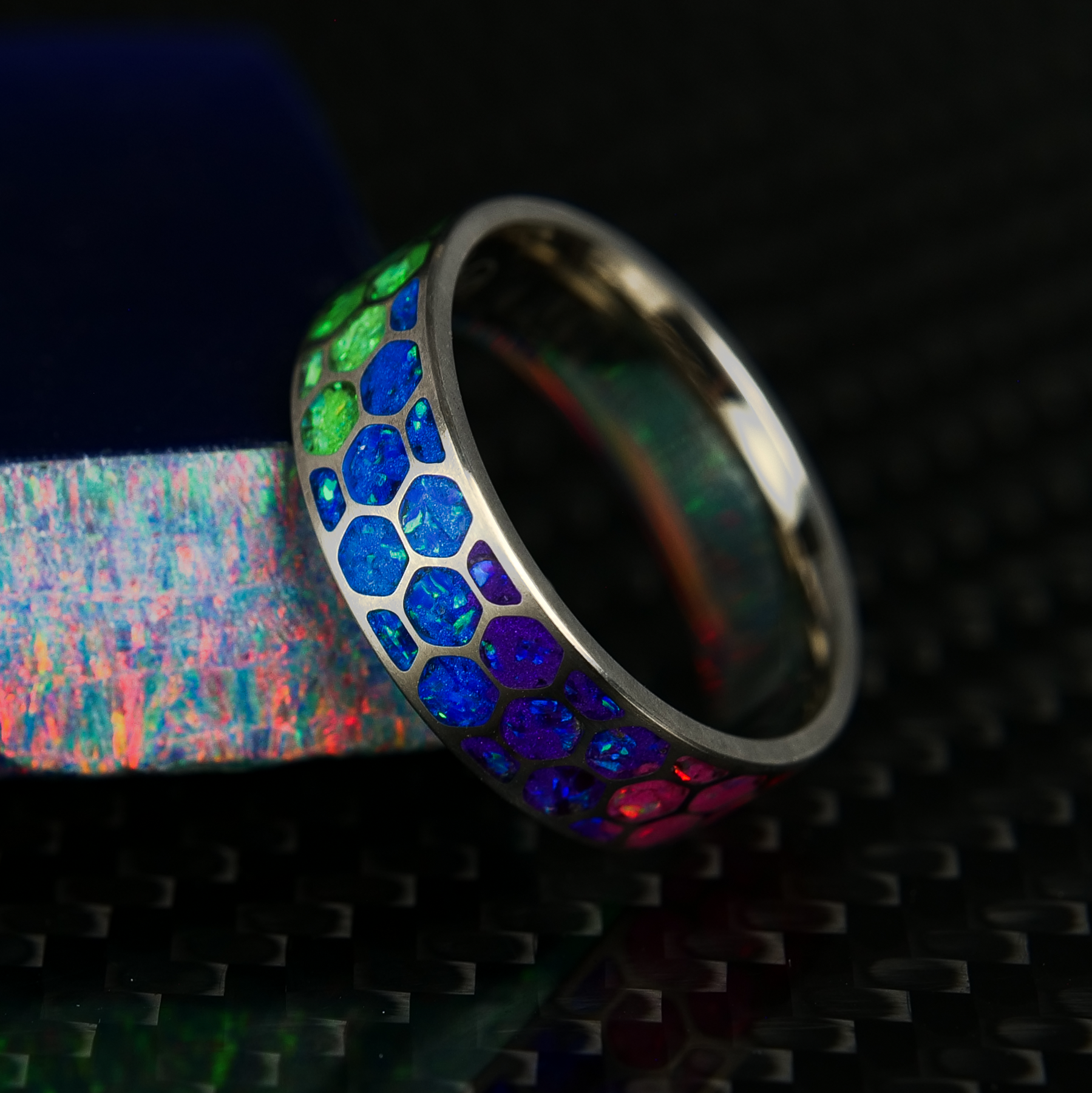 Hexagon Prismatic Opal Glowstone Ring on Titanium Patrick Adair