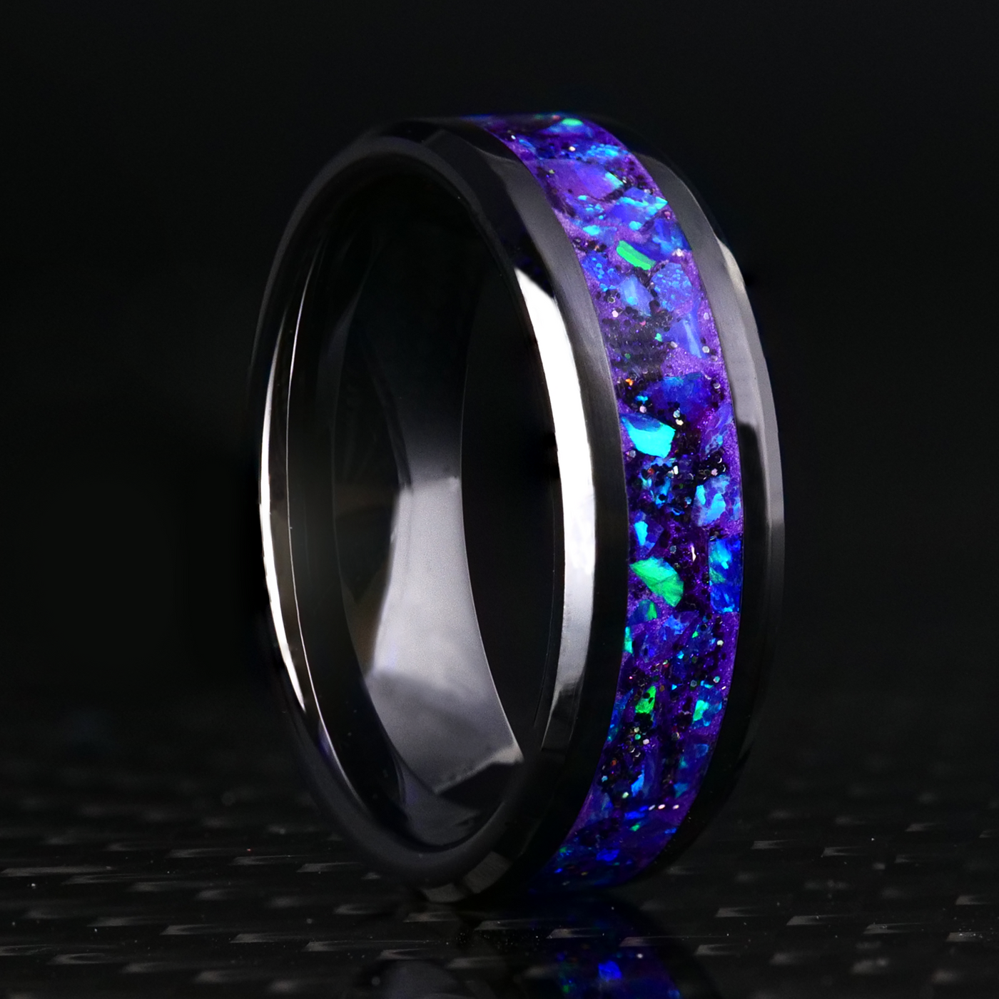 Radiant Lavender Opal Glowstone Ring on Black Ceramic