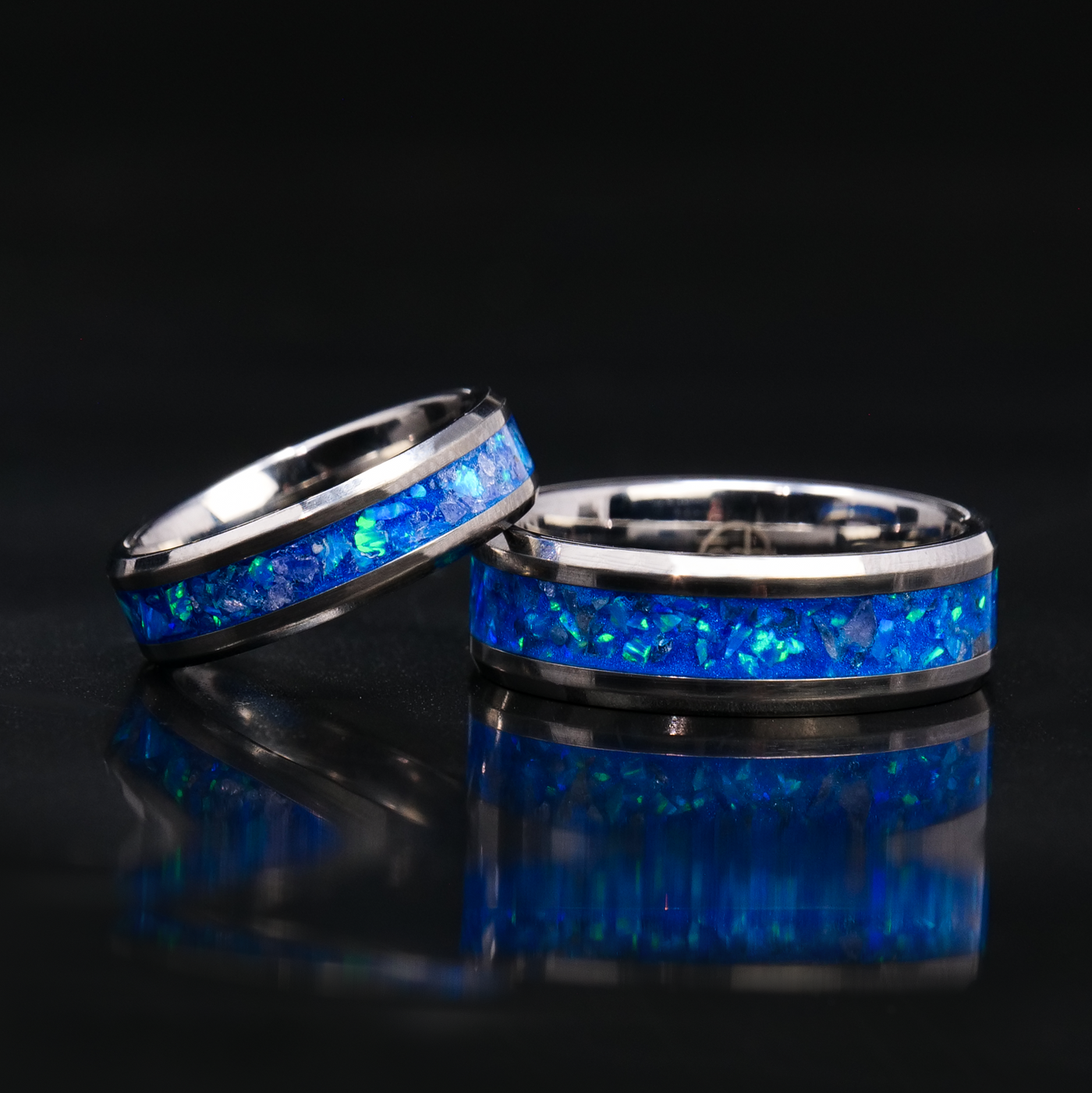 Matching Winter's Howl Glowstone Wedding Ring Set in Tungsten - Patrick Adair Designs
