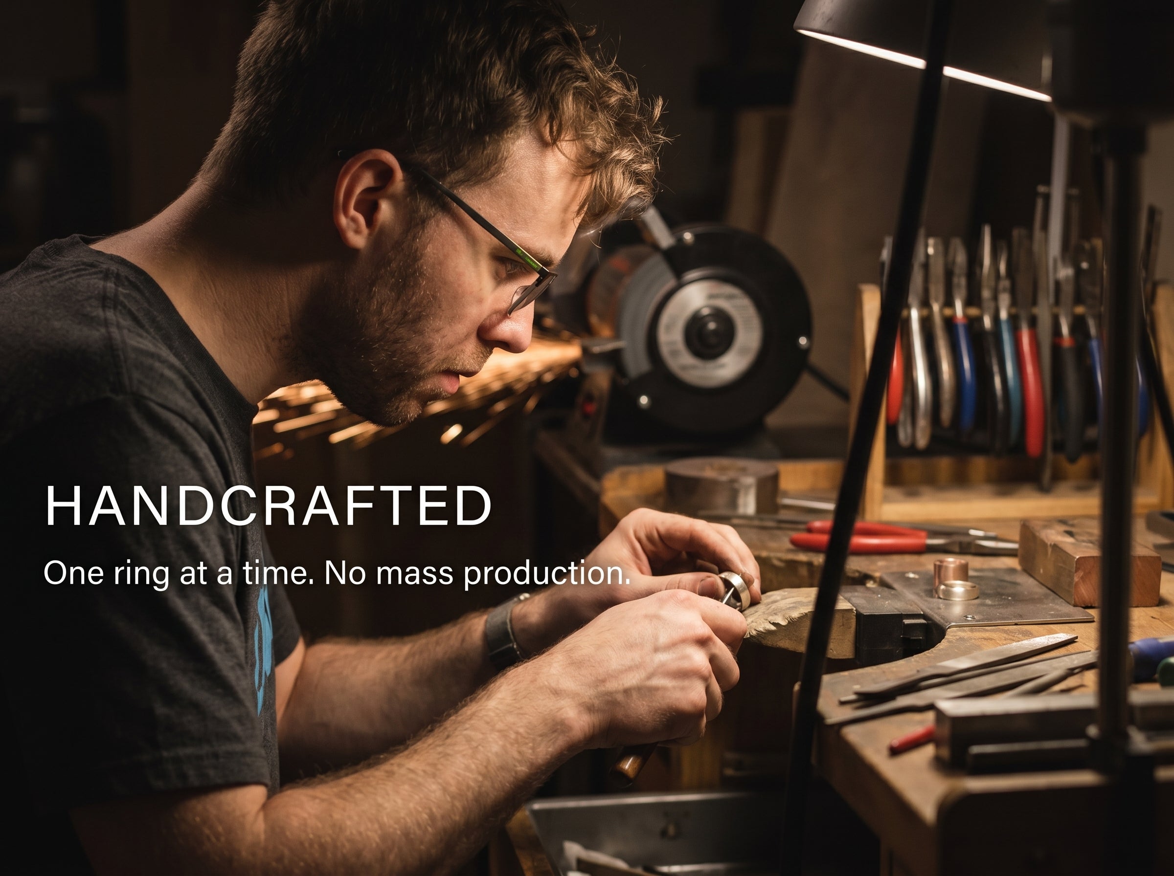 Artisan handcrafting a ring with text reading one ring at a time no mass production