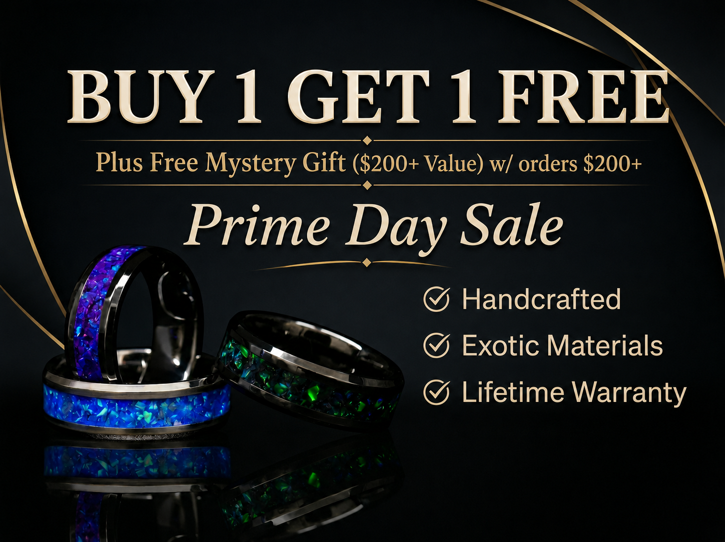 Buy 1 Get 1 Free Prime Day Sale with free mystery gift on orders $200+ featuring Glowstone rings