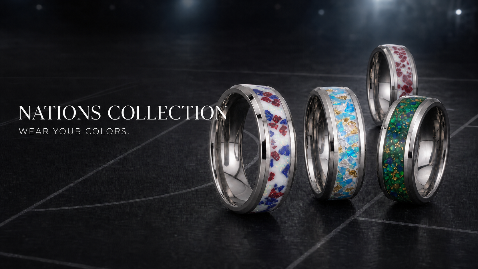 Nations Collection rings on a soccer-inspired field